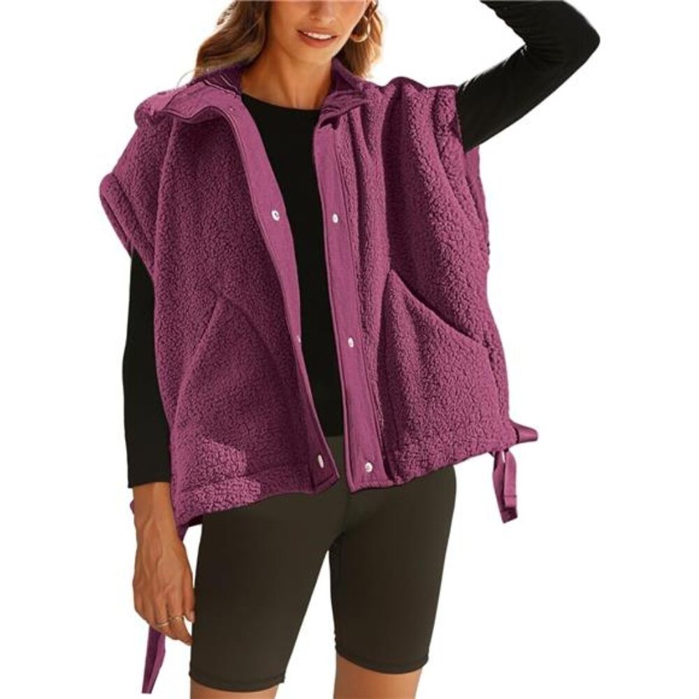 New Women's Fuzzy Fleece Vest Oversized Sleeveless Sherpa Jacket Warm Button